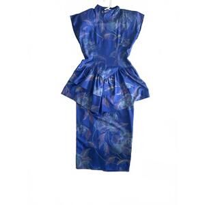 Vintage Drop Waist Blue Floral Peplum Dress